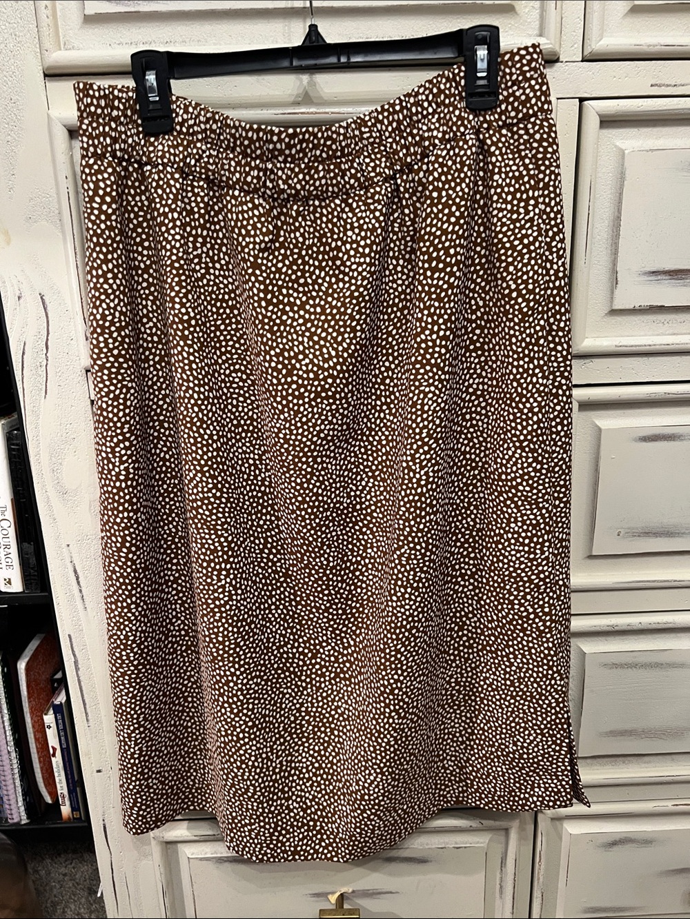 J. Crew Factory Brown Midi Skirt with White Dot Print .